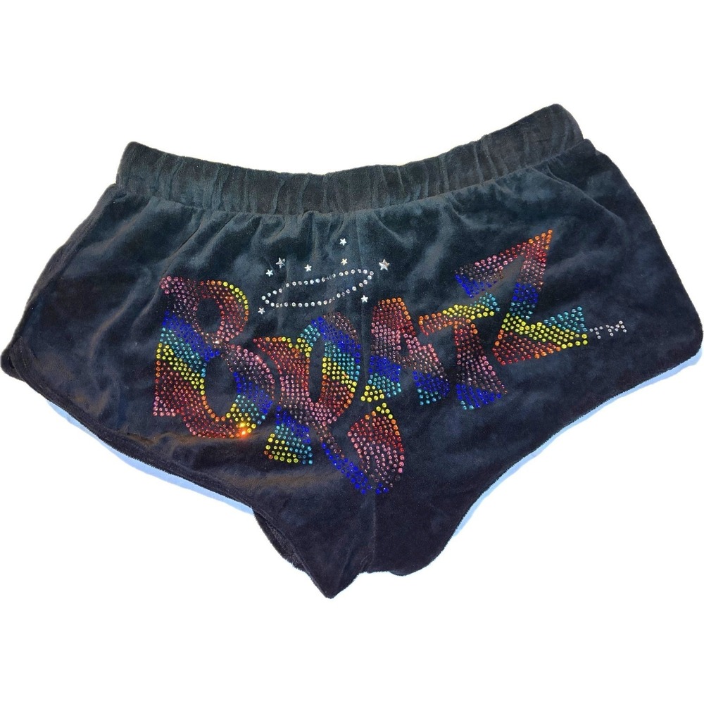 Y2K Style Rainbow Rhinestone S Black Velour‎ Shorts